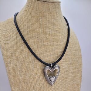 925 Sterling Silver Chunky Double Heart Pendant Black Rubber Cord 17.5" Necklace
